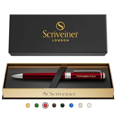 Imagen de Scriveiner pluma personalizada Rojo Carmín: elegante de laca roja, acabado cromado, recarga tinta Schmidt, set regalo grabado ideal para hombres y mujeres, con personalizado