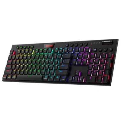 Imagen de Redragon K618 PRO Teclado mecánico RGB inalámbrico de 3 modos, BT/2.4 Ghz/teclado para juegos Win/Mac con cable perfil bajo diseño ultrafino, control multimedia dedicado e interruptor azul