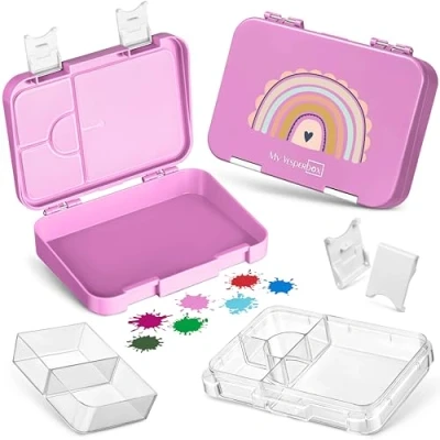 Imagen de My Vesperbox Len Bento Box Niños Fiambrera con 4 + 2 compartimentos Extremadamente resistente ideal para la guardería y escuela… (rosa arco iris)