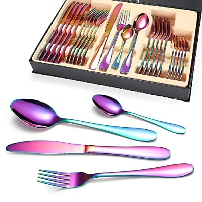 Imagen de Emsmil Juego de Cubiertos Acero Inoxidable 24 Piezas Arcoíris Colores Cuberteria Servir para 6 Personas Cuberterías Combinadas Cocina Diseño Modernas Incluye Cuchillo/Tenedor/Cuchara/Cucharilla