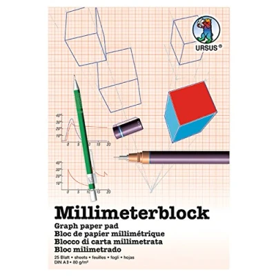 Imagen de Ursus 7074000 Bloc de Hojas A3, 80 g/m², 25 Hojas, cuadrícula 1 mm, impresión en Rojo, con Rejilla, Papel Blanco sin celulosa, Ideal para Dibujos técnicos