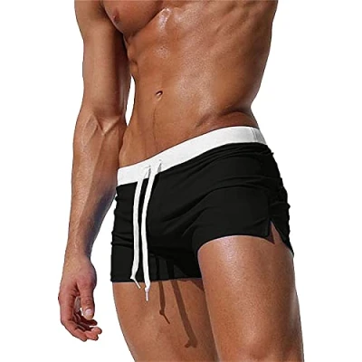 Imagen de TMEOG Bañador Hombre Corto, Pantalon Corto Deporte Traje de Baño Shorts Deportivos Natacion Surf Playa Calções Banho Homem con Bolsillo Cremallera(Negro,M)