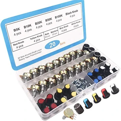 Imagen de RUNCCI YUN 20Pcs Lineal Cónico Rotativo Potenciómetro Kit, 3 Terminales B Tipo Estéreo Audio con Perilla, (B5K B10K B20K B50K B100K Ohm)