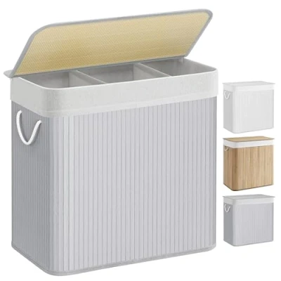 Imagen de SONGMICS Cesto Ropa Sucia, 150 L, Cesta Sucia 3 Clasificaciones, con Tapa, Bambú, Asas, Plegable, Bolsa Interior Extraíble y Lavable a Máquina, para Lavandería, Dormitorio, Gris LCB091G01