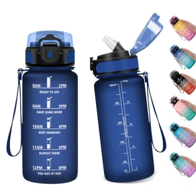 Imagen de Botella Agua Deporte 500ml, de con Pajita, Marca Tiempo, Plástico Reutilizable, Cantimplora para Niño, Gimnasio, Bicicleta, Gym, Oficina, Yoga, Escuela