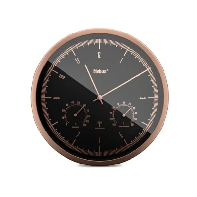 Imagen de Mebus Pequeño Reloj de Pared inalámbrico TinyTime con termómetro e higrómetro sin Ruido tictac Diámetro 25 cm Esfera Moderna en Negro Caja Cobre Temperatura y Humedad