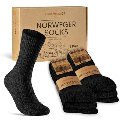 Imagen de sockenkauf24 6 Pares Calcetines Noruegos Lana Hombre Mujer Calientes Invierno 70301T (Negro 39 42)