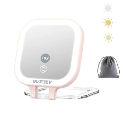 Imagen de WEILY Espejo Maquillaje con Luz, 1X/10x Doble Cara Aumento, de Viaje 3 Luces Color y Control Táctil, Mano Portátil Recargable por USB (Rosa)