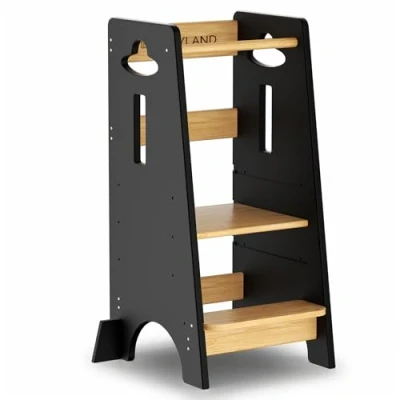 Imagen de COSYLAND Torre de Aprendizaje para Niños FSC Madera Bebés 1 a 6 Años Altura Ajustable en 3 Niveles 90CM, y Negro