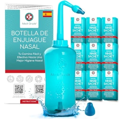 Imagen de Medi Grade Botella de Lavado Nasal, 500 ml Set Irrigador Nasal con Aplique 30x Sobres Sal, 2x Puntas Irrigación y 1x Bolsa Disfruta un en Casa Viaje