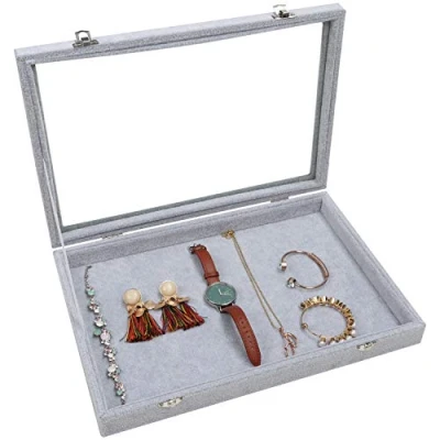 Imagen de BELLE VOUS Bandeja Joyas Terciopelo Gris Expositor de Apilable con Tapa Vidrio Organizador Cajones Cierre para Pendientes, Anillos, Collares y Brazaletes