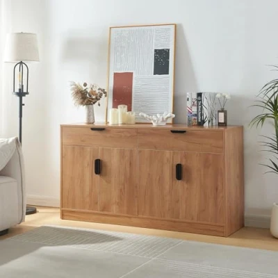 Imagen de [en.casa] Mueble de Salón con 4 Puertas y 2 Cajones Aparador Versátil Elegante para Cocina Dormitorio Recibidor MDF 75 x 140 40 cm Roble