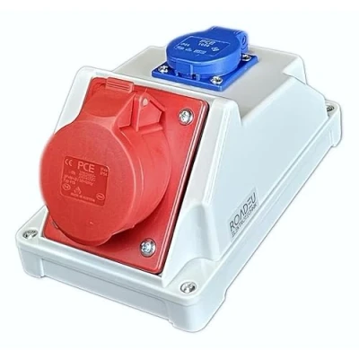 Imagen de RoadEu Toma de pared combinada 16A 5P Distribuidor con Schuko 230V. IP44, Ideal para talleres, cobertizos o jardines.