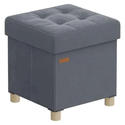 Imagen de SONGMICS Puff Almacenaje Pequeño, Banco Plegable, 38 x 40 cm, Reposapiés, 37 L, Superficie de Terciopelo, para Dormitorio, Sala Estar, Gris Pizarra LSF0516G01