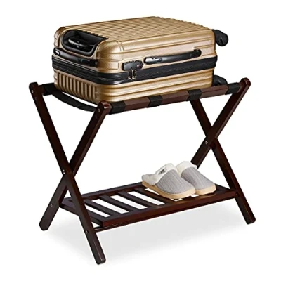 Imagen de Relaxdays Soporte Plegable, Reposa Maletas Madera, Porta equipajes, 2 baldas, 5x66x44 cm, Color marrón, Poliéster, 54,5 x 66 44,5 cm