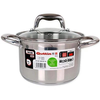 Imagen de Quttin Olla Profesional New Caesar de Inducción para Cocina y Horno Cacerola Pequeña Acero Inoxidable Antiadherente con Tapa Cristal Asas 18 cm/2 L Apta Todo Tipo Cocinas