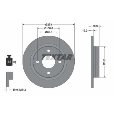 Imagen de TEXTAR 92292803 Disco de freno 253 12 04/04 108 macizo revestido sin perno sujeción rueda, buje rueda FORD: Fiesta 7, Mk7 Furgón