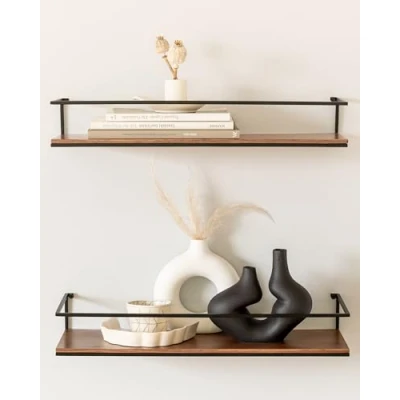Imagen de Kazai.® Juego de Estantería Pared STENN Estantes Colgantes Metal y Chapa Madera Natural Baldas Flotantes para Baño, Cocina, Salón, Dormitorio más Nogal