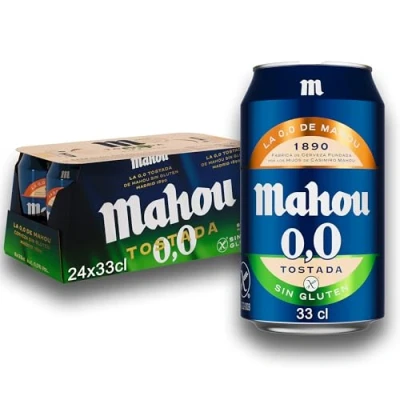 Imagen de Mahou 0,0 Tostada Sin Gluten, Pack de 24 Latas x 33 cl, Cerveza Lager Refrescante, Ligera y Suave, Sabor Auténtico, 0.0% Vol Alcohol