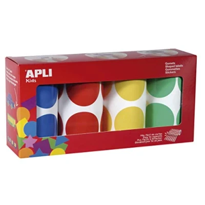 Imagen de APLI Kids 17634 Pack rollos de gomets redondos Ø 45 mm amarillo, azul, rojo y verde 4 uds.