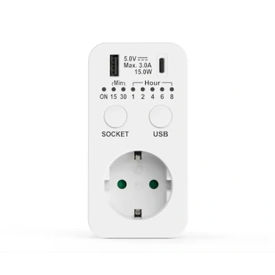 Imagen de Toma de Corriente con Temporizador 230 V, Cuenta atrás, conexión USB y C, programable, Interruptor Blanco