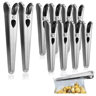 Imagen de COM FOUR® Juego de 10 pinzas para conservación alimentos frescos acero inoxidable cerrar bolsas en 2 tamaños (10 piezas plateadas largas)