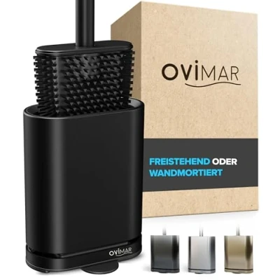 Imagen de ovimar Escobillero Abeloya Negro Escobilla de baño Silicona con ventilación Acero Inoxidable Bandeja Goteo extraíble sólo 6 cm Ancho Montaje en Pared Opcional