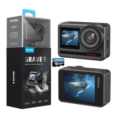 Imagen de AKASO Brave 8 4K60FPS WiFi Cámara Deportiva, 48MP Acuatica Sumergible con Pantalla Táctil, Estabilización SuperSmooth, Gran Angular, 16x Slo mo, 2*1550mAh Baterías, Multi Accesorios