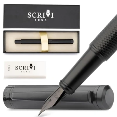 Imagen de SCRIVI PENS Juego De Pluma Estilográfica Lujo [Negro] Plumas Estilográficas Para Escribir Punta Mediana Convertidor Tinta Recargable, 5 Cartuchos [Negro Y Azul] Caja Regalo