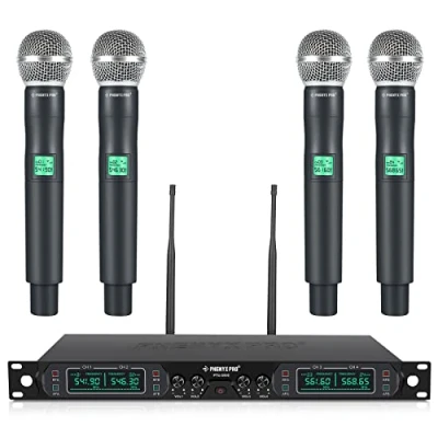 Imagen de Phenyx Pro Sistema de micrófono inalámbrico, UHF 4 Canales inalámbrico frecuencia Fija Metal con micrófonos Mano para Vocal, Iglesia, DJ (PTU 5000A)