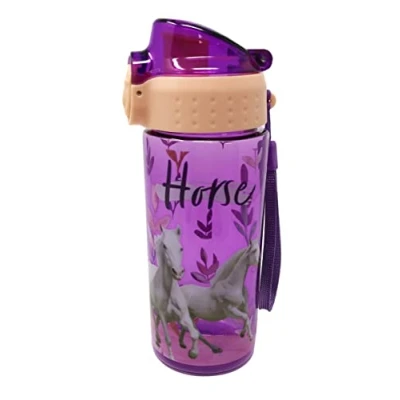 Imagen de Theonoi Botella de agua a prueba fugas para niños, irrompible, ligera, Tritan, sin BPA, 500 ml, la escuela, guardería, deportes (caballo Horse)