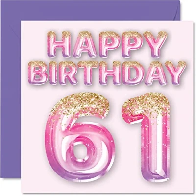 Imagen de Tarjeta de cumpleaños número 61 para mujer, globos purpurina rosa y morada, tarjetas feliz mujer años, mamá, niñera, abuela, tía, 145 mm x mm, sesenta