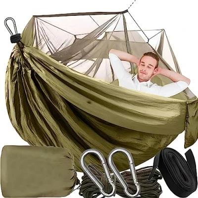 Imagen de Retoo hamaca de camping al aire libre con mosquitera, hammock ultraligera, transpirable para trekking, mochilero, viaje mosquito viajes, jardín, senderismo, supervivencia 260 x 140