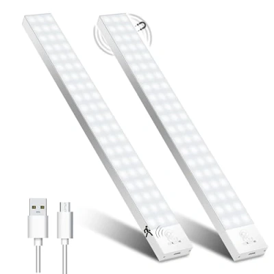 Imagen de OUILA Luz LED Armario con Sensor Movimiento 5000K 60 LEDs 4 Modos Adhesiva Magnética 1500mAh USB Recargable Nocturna para Cocina, Armario, Escaleras, Pasillo, Garaje 2 Packs Blanco Natural