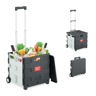 Imagen de Relaxdays Carro de la Compra Plegable, Carrito Transporte con Ruedas y Asa Telescópica, hasta 35 kg, Blanco/Gris, 98 x 45 39 cm