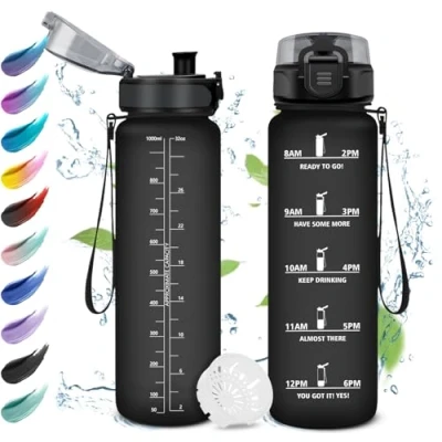 Imagen de Botella de Agua 1L, con Filtro, Fácil Abrir, Reutilizable, Motivacional a Prueba Fugas, Garrafa para Escuela, Colegio, Bebidas Carbonatadas, Bicicleta, Gimnasio