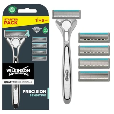 Imagen de Wilkinson Sword Quattro Titanium Sensitive Maquinilla de Afeitar con Hojas Titanio para Hombre + 5 Recambios Cuchillas 4 más 1 Hoja Precisión Adicional