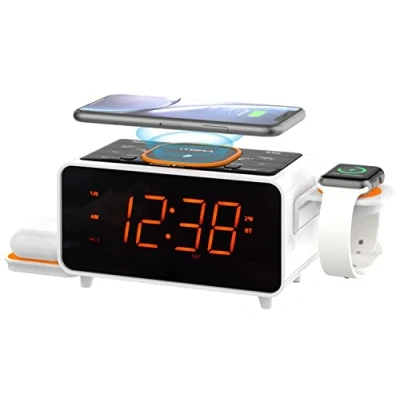 Imagen de Radio Despertador de Doble Carga Inalámbrica con Altavoz Bluetooth, FM Radio, Dos Puertos USB, Control del Dimmer, Alarma, Snooze, Automático y Manual Dimmer iTOMA CKS209