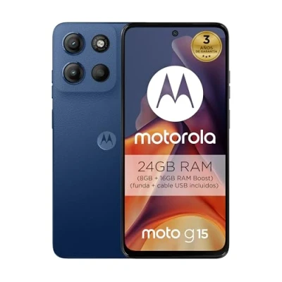 Imagen de Motorola Moto g15 24GB (8G+16GB RAM Boost)/256GB Azul, España, Pantalla de 6.72&#039;&#039; FHD+, Sistema cámaras 50 MP y Objetivo Ultra Gran Angular, Batería 5200 mAh, Carga TurboPower, Soft Luxe