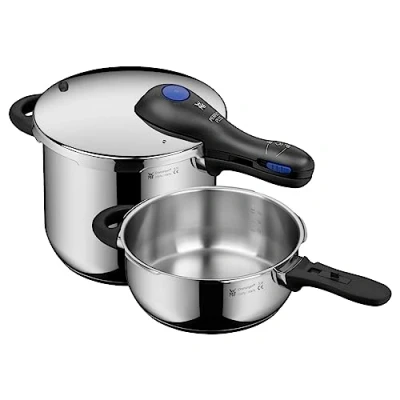 Imagen de WMF Perfect Plus Set Con Olla Rápida Ø 22 cm de Diámetro 6 Litros y Medio + Cuerpo 3 Litros, Protección Contra Llamas, Acero Inoxidable Cromargan para Inducción
