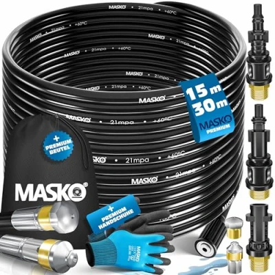 Imagen de MASKO® Set de Manguera Limpieza Tuberías Limpiador Desagües 15m, 200 bar con Bolsa 3 Adaptadores 2 Boquillas + Giratorio compatible Hidrolimpiadora Kärcher k2 k7 LAVOR Universal