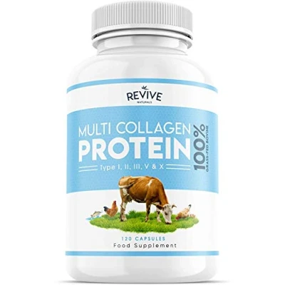 Imagen de Proteína Hidrolizada de Colágeno Múltiple (120 Cápsulas) Tipos I, II, III, V y X Caldo Huesos Bovinos Alimentados con Pasto, Peces Silvestres