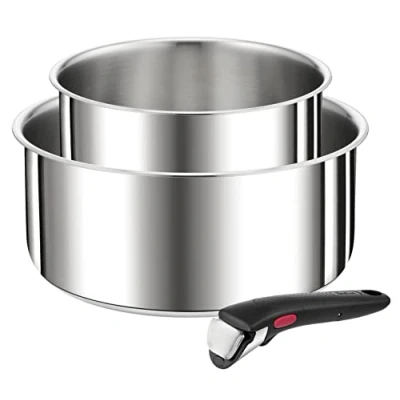 Imagen de Tefal Ingenio Juego de 3 sartenes (16/20 cm, mango extraíble, apilable, acero inoxidable, inducción, versatilidad, ahorro espacio, Preference L9739302, plateado