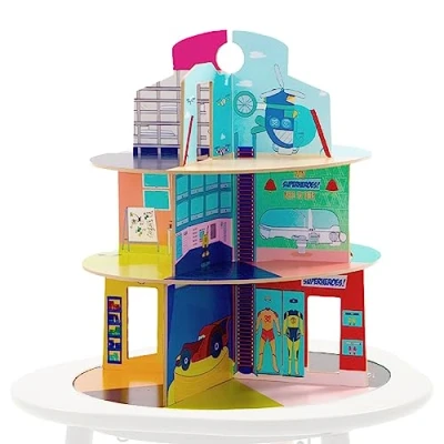 Imagen de casa de muñecas héroes Stokke MuTable Incluye la cueva del superhéroe, estación bomberos, aventuras y comisaría Hecha madera Montaje sin tornillos