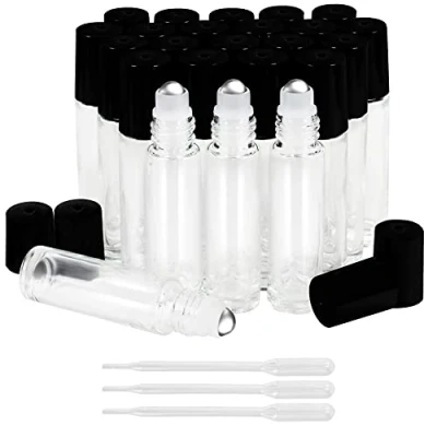 Imagen de BELLE VOUS Botella Roll On Transparente y 3 Cuentagotas (Pack de 24) 10 ml Frascos Vidrio Bola Acero Inoxidable Para Aceites Esenciales, Aromaterapia, Bálsamo Labial Frasco Perfume Recargable