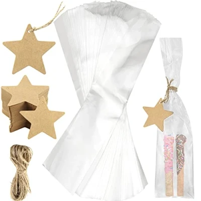 Imagen de Bolsas Celofan Transparente 30x7cm 100pcs Rectangulares OPP Bolsitas Plastico con 100 Escribible Etiquetas de Papel Kraft 65.5ft Cuerda Yute para Dulces Fiestas Regalos