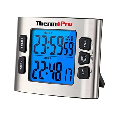 Imagen de ThermoPro TM02 Temporizador de Cocina con cronómetro Cuenta Regresiva Dual, Temporizador/Reloj magnético, Alarma Fuerte Ajustable y retroiluminación LCD dígitos grandes/24 Horas