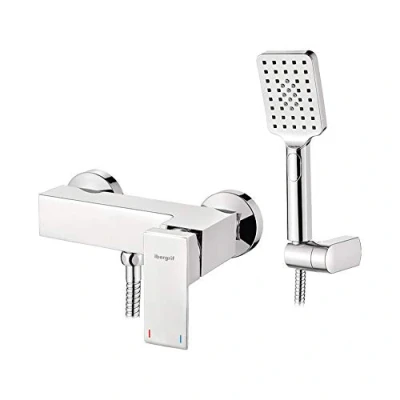 Imagen de Ibergrif M12005 Atenas, Mezclador Cuadrado, Grifo de Ducha Monomando con Alcachofa, Soporte, Manguera, Cromo, Plata