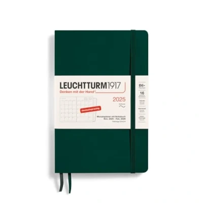 Imagen de LEUCHTTURM1917 370611 Planificador mensual y cuaderno 2025, Paperback B6+ tapa blanda, 16 meses, 80 g, a rayas, verde bosque
