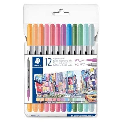 Imagen de STAEDTLER Rotuladores para colorear Design Journey Doble extremo, ancho de trazo 0,5 3,0 mm, 12 colores pastel surtidos, paquete 12, 3200 C12PA